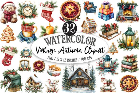 Download Watercolor Cozy Christmas Clipart Bundle - Art Collection