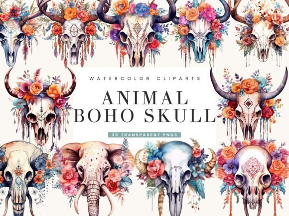 Download Watercolor Animal Boho Skull Clipart - Art Collection