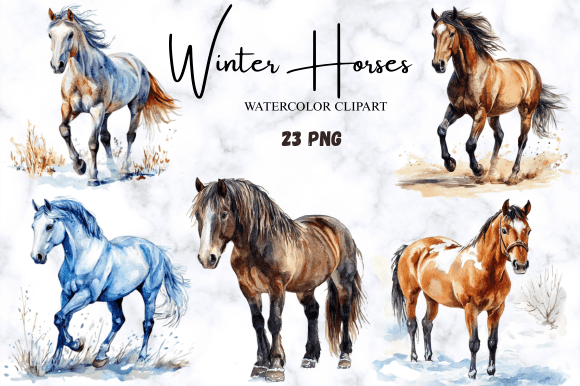 Download Watercolor Winter Horses Clipart Pack - Art Collection