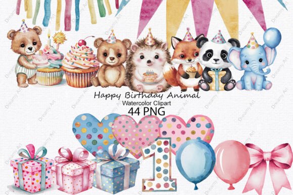 Download Happy Birthday Animal Watercolor Clipart - Art Collection