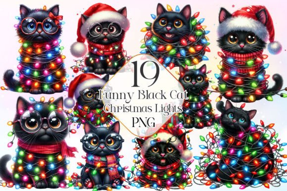 Download Black Cat with Christmas Lights Clipart - Art Collection