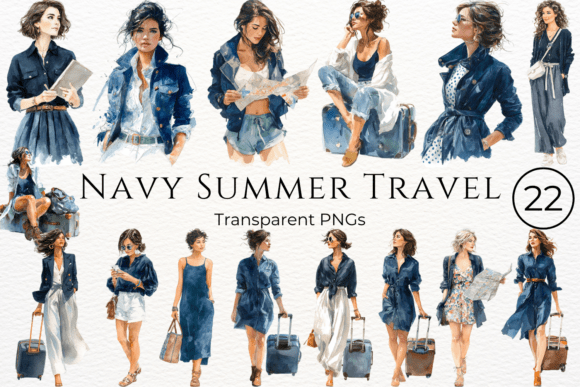 Download Navy Summer Travel Watercolor Clipart - Art Collection