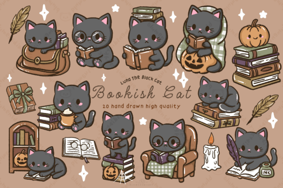 Download Kawaii Black Cat Bookish Fall Clipart - Art Collection