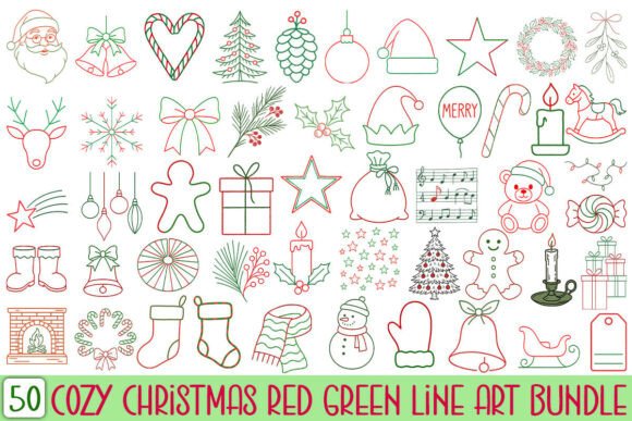 Download Cozy Christmas Red Green Line Art Bundle - Art Collection
