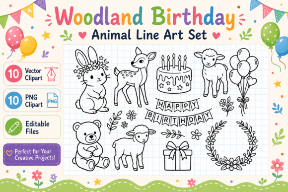 Download Woodland Birthday Animal Line Art Set - Art Collection