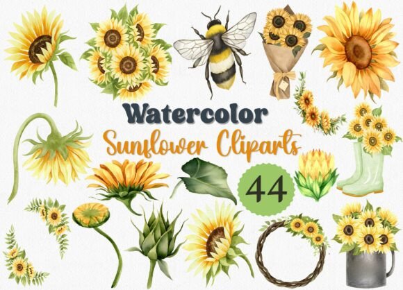 Download Watercolor Sunflower Clipart Set, 44 PNG - Art Collection