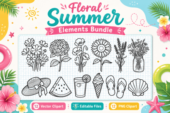 Download Floral Summer Elements Stamp Clipart PNG - Art Collection