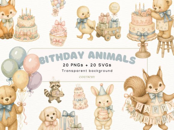 Download Birthday Animals Watercolor Cliparts SVG - Art Collection