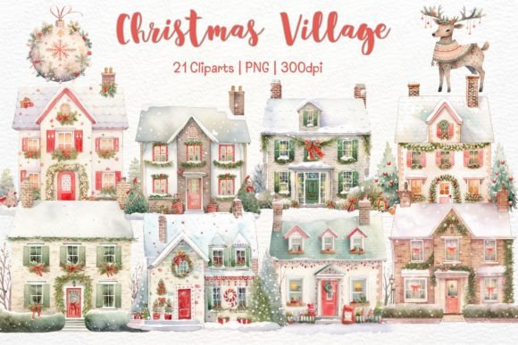 Download Christmas Village Watercolor Clipart - Art Collection