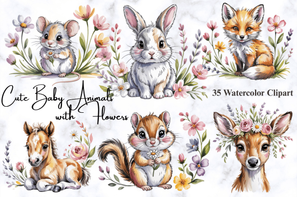 Download Cute Baby Animals with Flowers Clipart - Art Collection
