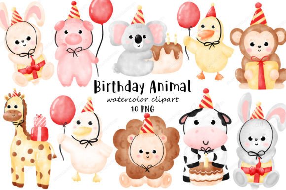 Download Happy Birthday Animal Watercolor Clipart - Art Collection