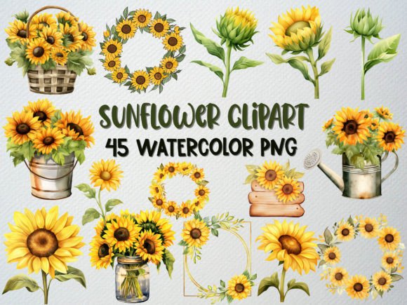 Download Watercolor Sunflower Clipart Set, 45 PNG - Art Collection