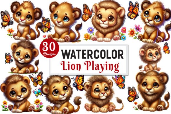 Download Cute Lion Playing with Butterfly Clipart - Art Collection