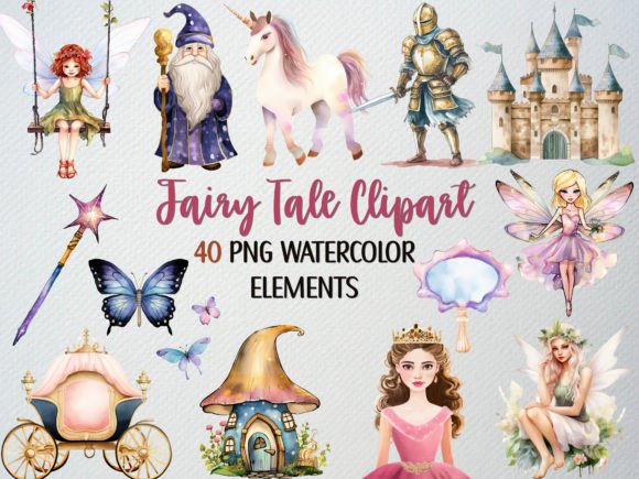 Download Watercolor Fairy Tale Clipart Set,40 PNG - Art Collection