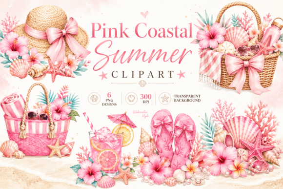Download Pink Coastal Summer Watercolor Clipart - Art Collection